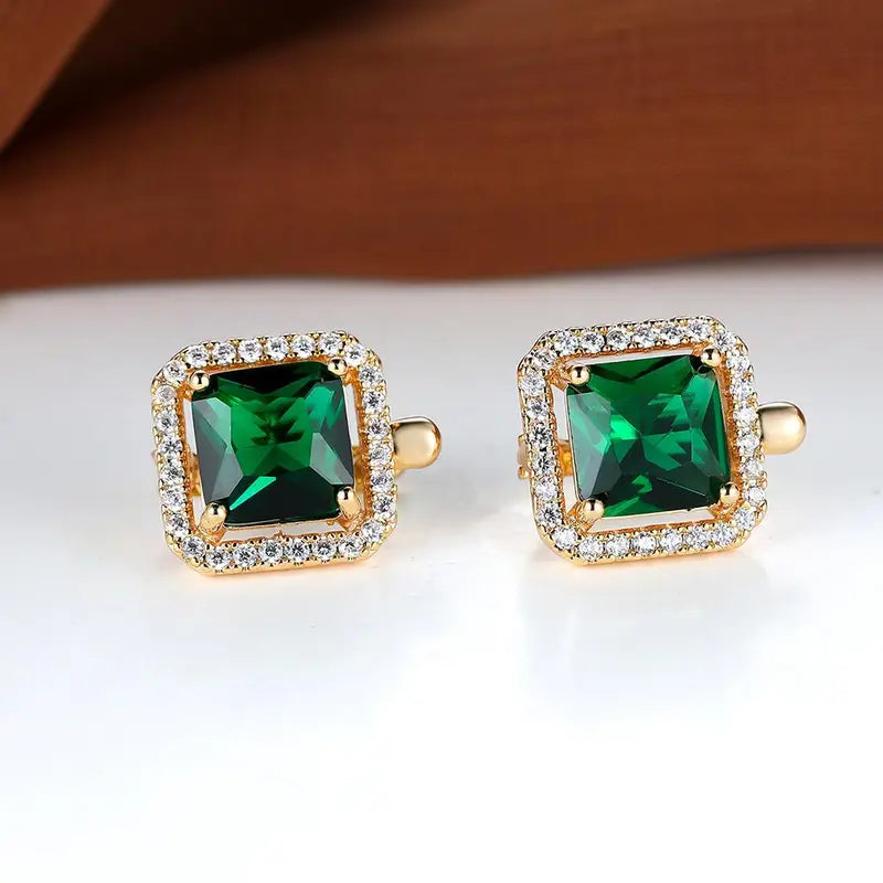 Pendientes dorados con circonita verde cuadrada | Oro