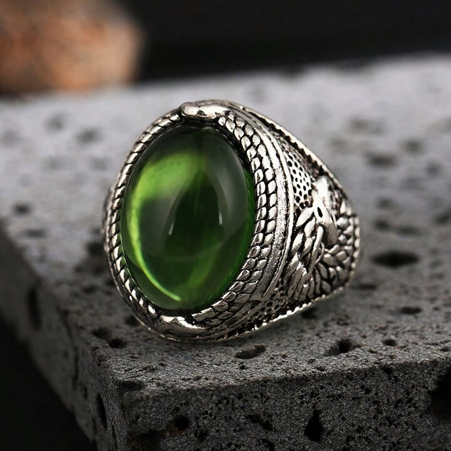 Anillo antiguo con piedra luna verde | Plata