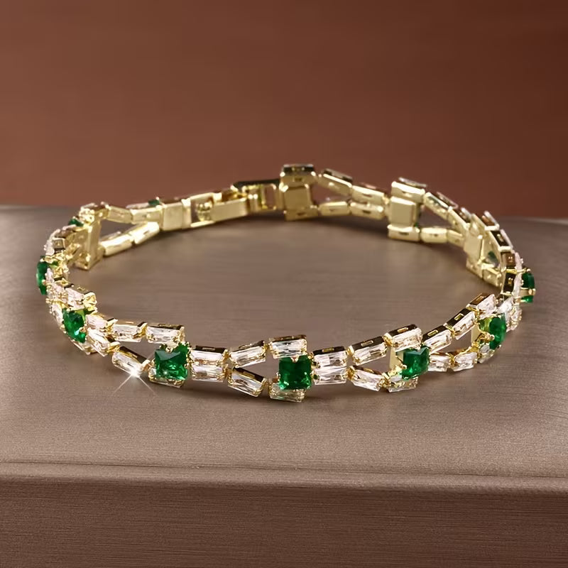 Pulsera tenis Verde con eslabones | Oro