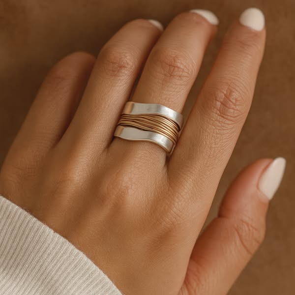 Anillo con hilos dorados | Plata