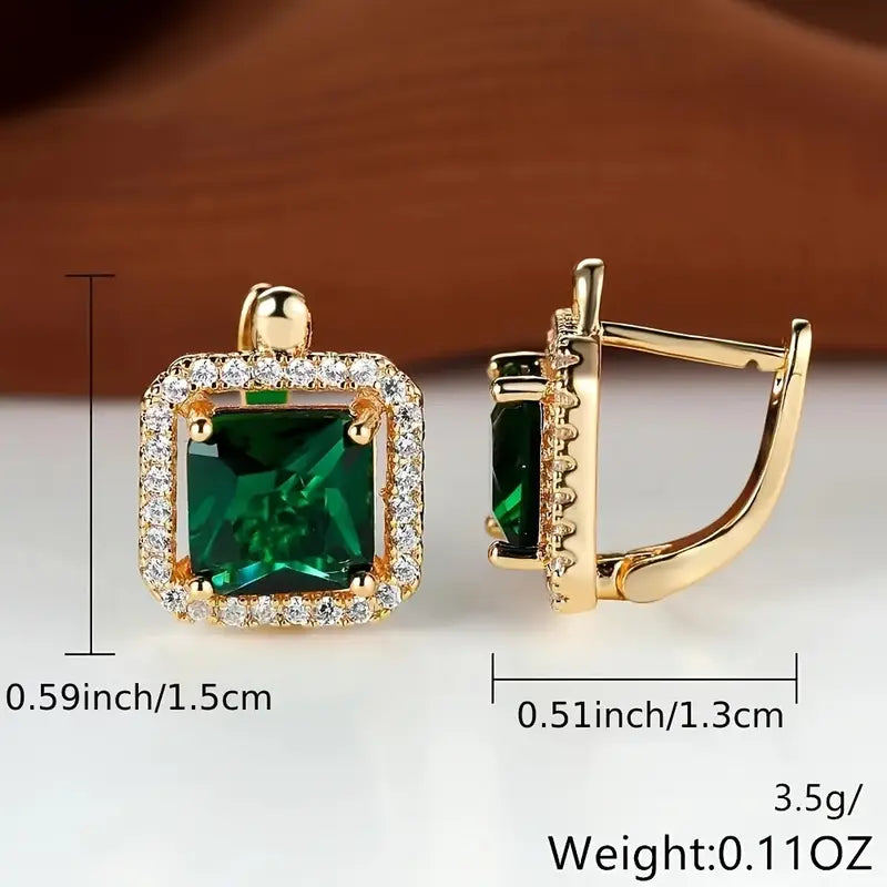 Pendientes dorados con circonita verde cuadrada | Oro