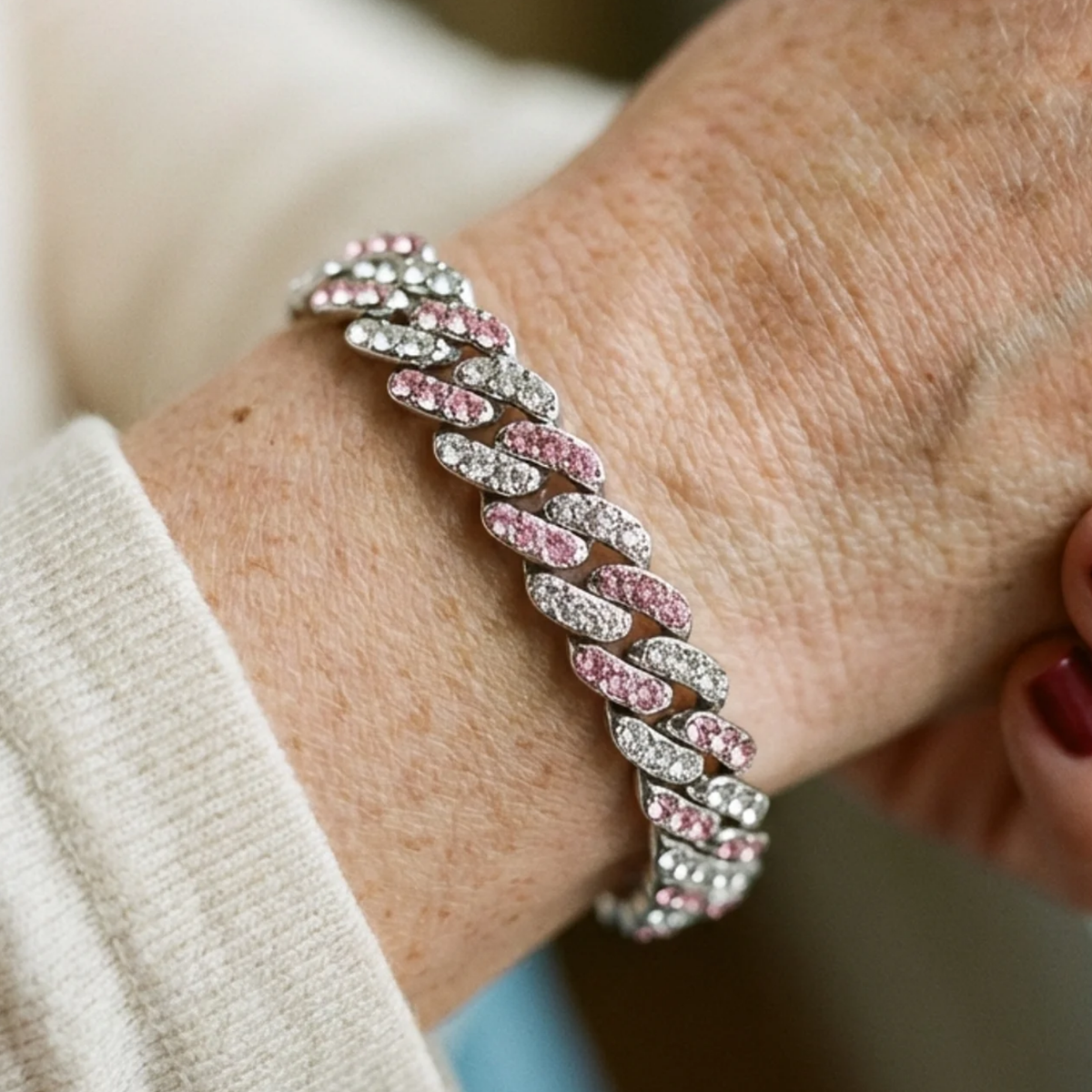 Pulsera cubana Rosa Ártico | Oro blanco
