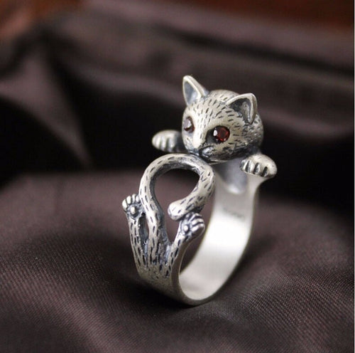 Anillo ajustable Gato pintado a mano | Plata de ley 925