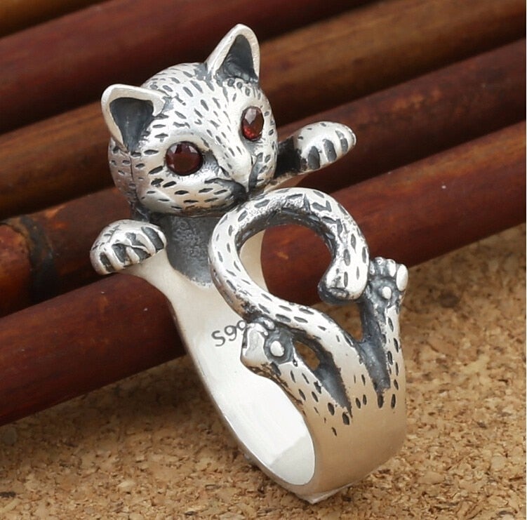 Anillo ajustable Gato pintado a mano | Plata de ley 925