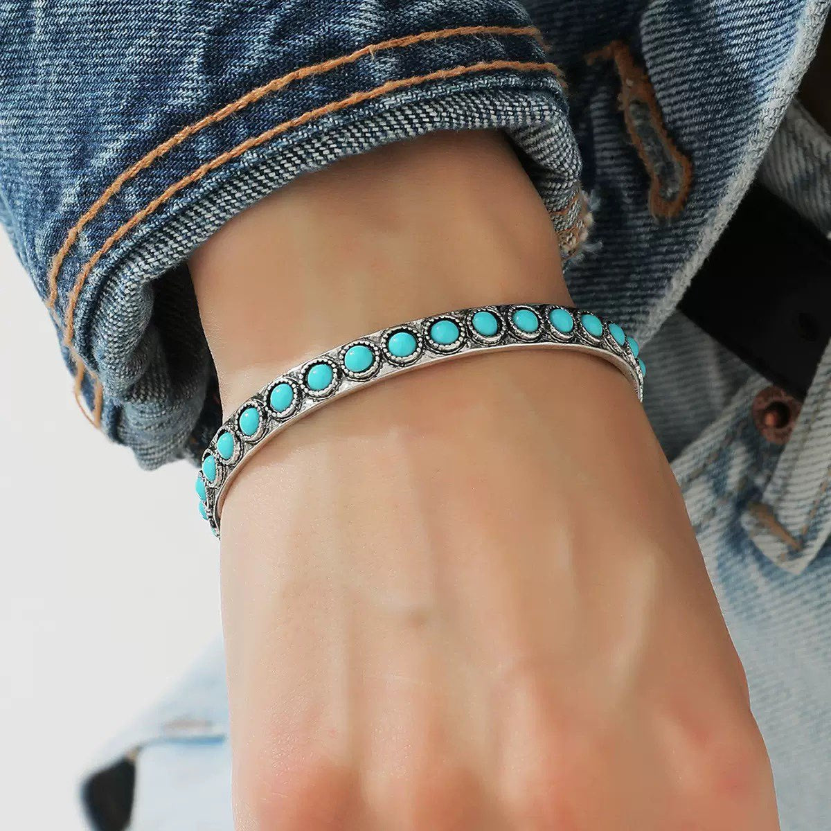 Pulsera abierta turquesa Talía | Oro blanco