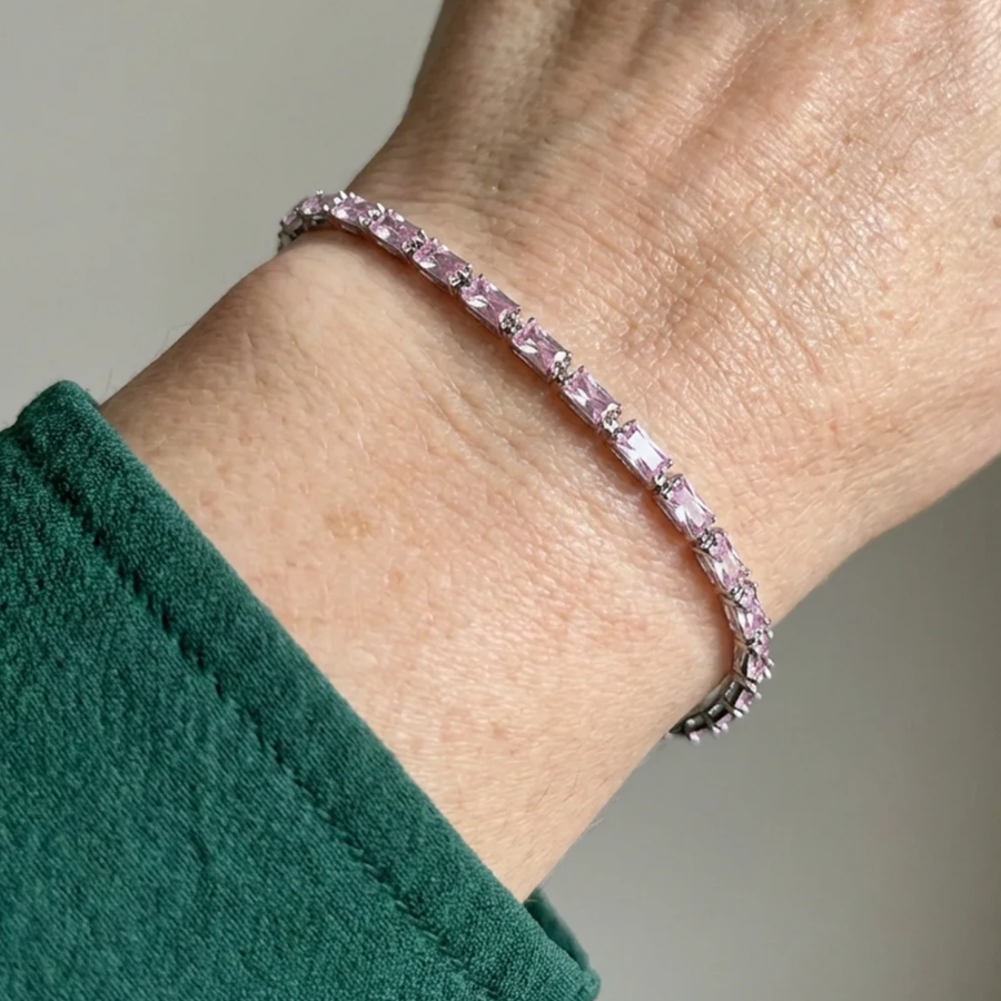 Pulsera tenis Prisma de zafiro rosa | Oro blanco