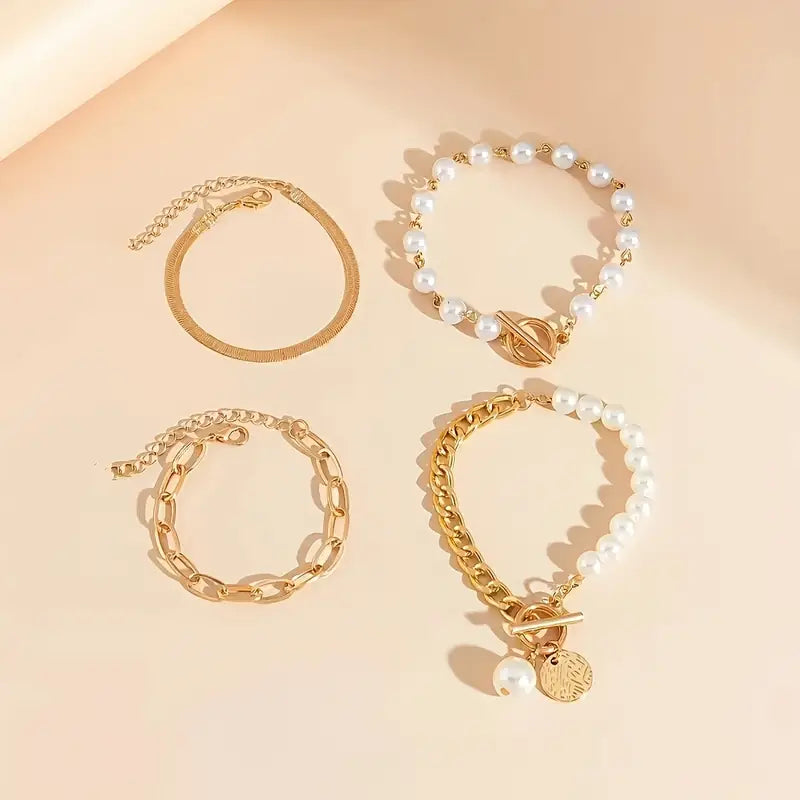 Set de 4 pulseras: serpiente, perlas y eslabones | Oro