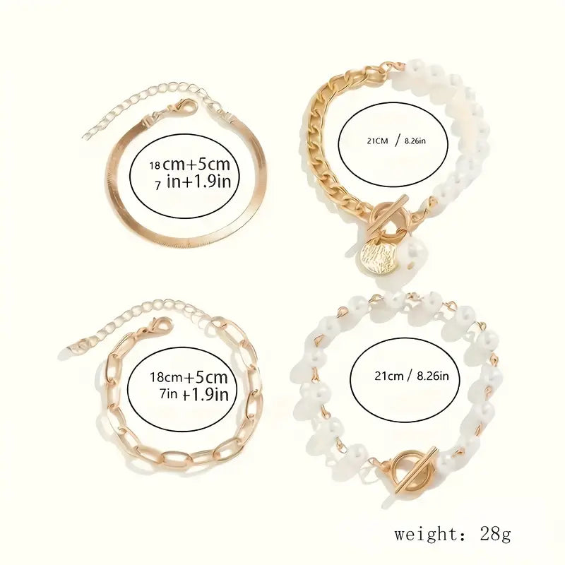 Set de 4 pulseras: serpiente, perlas y eslabones | Oro