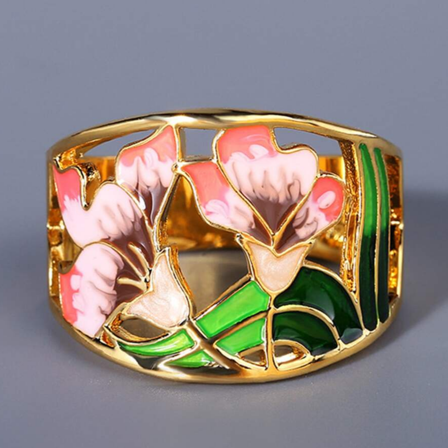 Anillo Flor esmaltada antiguo | Oro